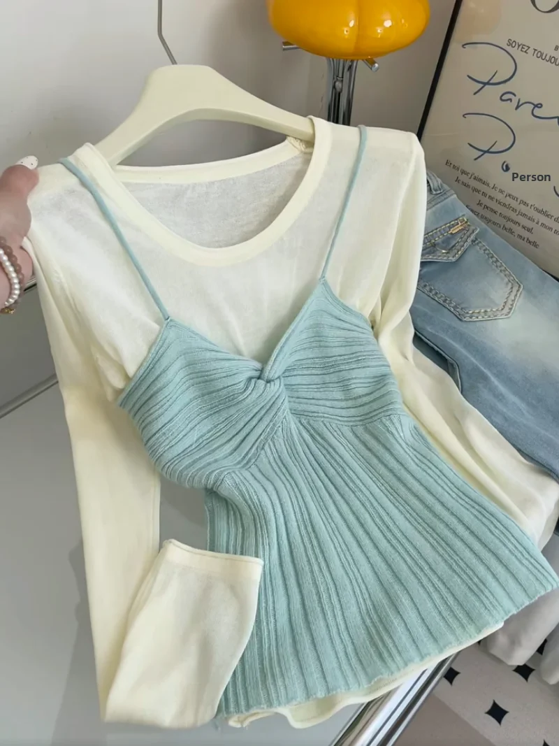 Spring New Arrival Thin Knitted V-Neck Women's Tank Top Self-Keeping Style Korean Version Slim Fit Long Sleeve Color