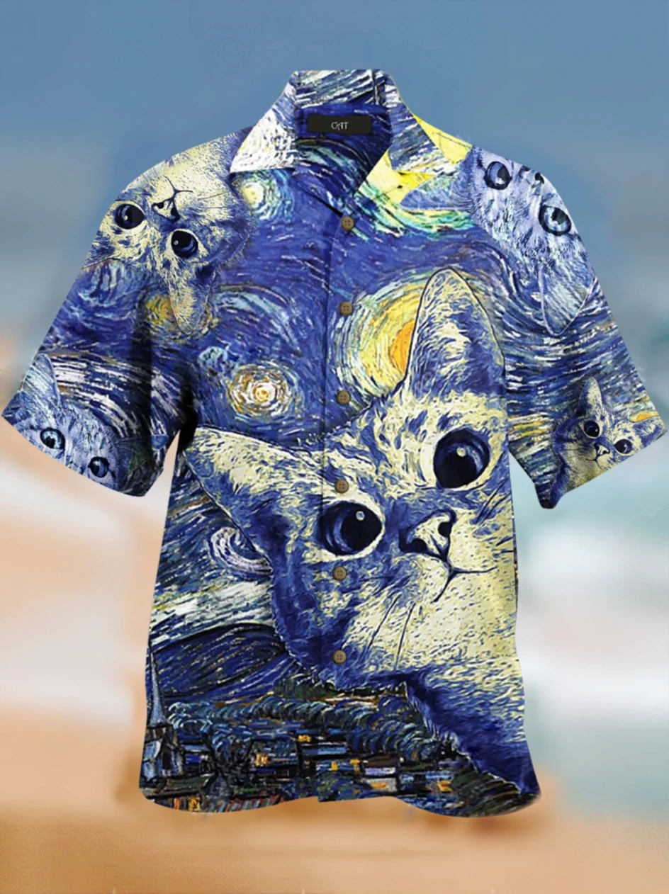 Summer Kawaii Cat 3d Printed Hawaiian Shirt Men Women Clothing Beach Short Sleeve  Blouse Boy Casual Men's Vocation Lapel Camisa