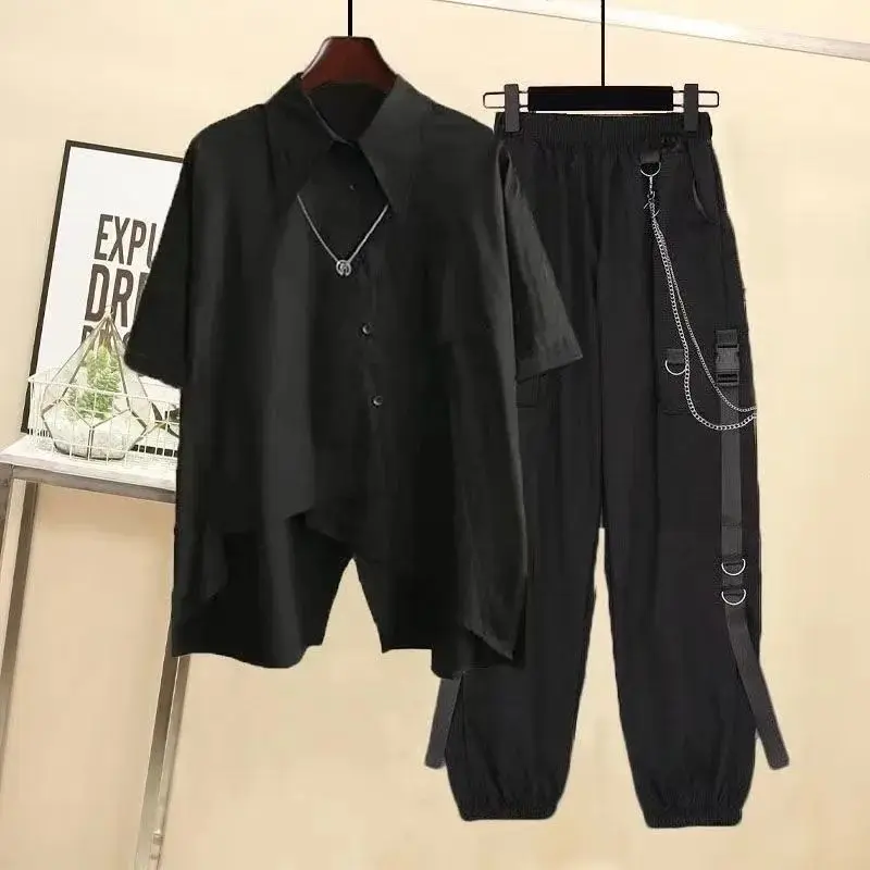 2023 Summer Men's and Women's Suit Korean Version Loose Patchwork Shirt+handsome Overalls Two-piece Suit Ins Trend