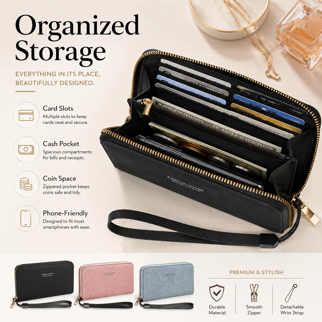 Long Zipper Wallet Women Clutch Wristlet Handbag for Cash Credit Cards