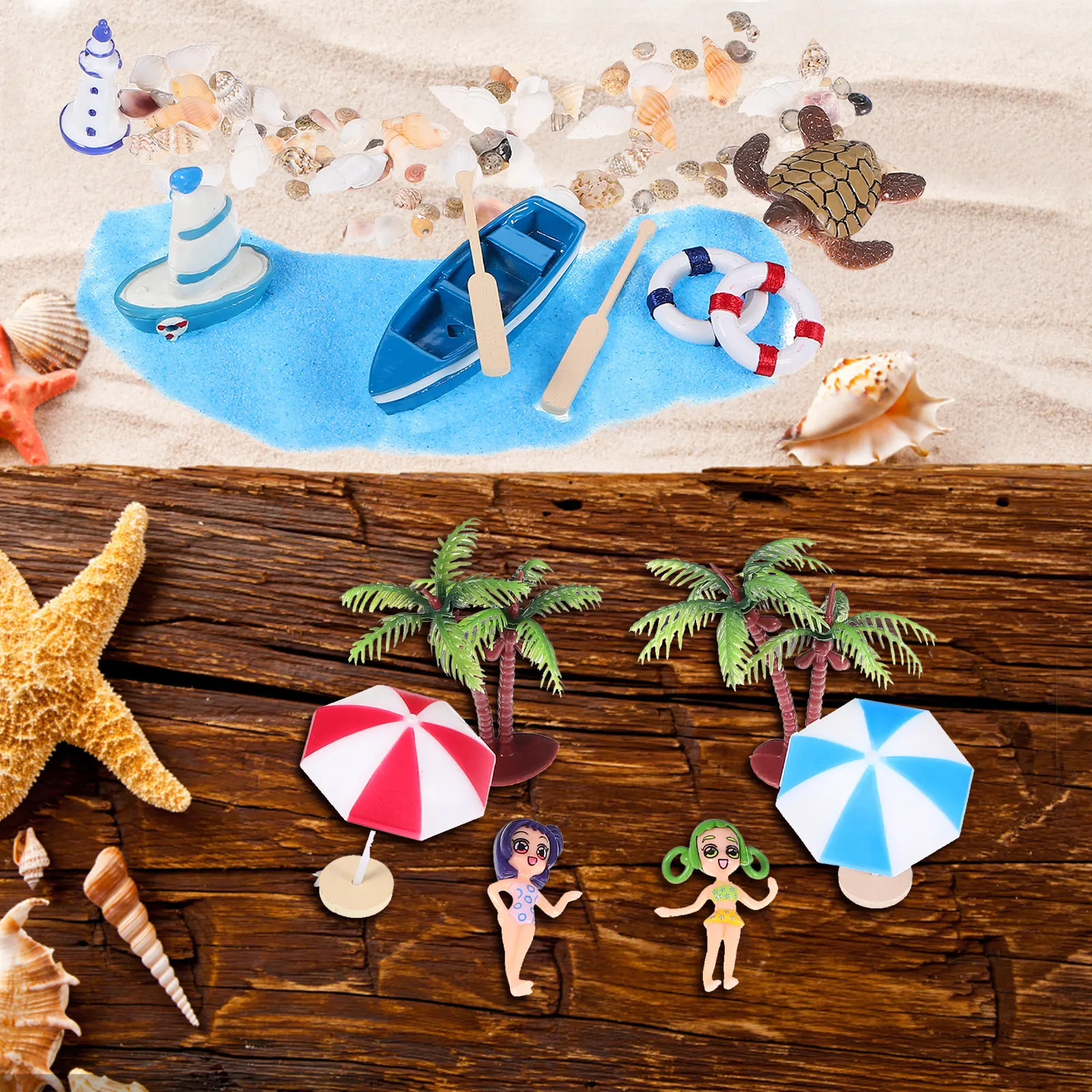 

11Pcs Miniature Beach Decorations Plastic Accessories for DIY Micro Landscape Miniature Garden Palm Tree Boats Ornaments