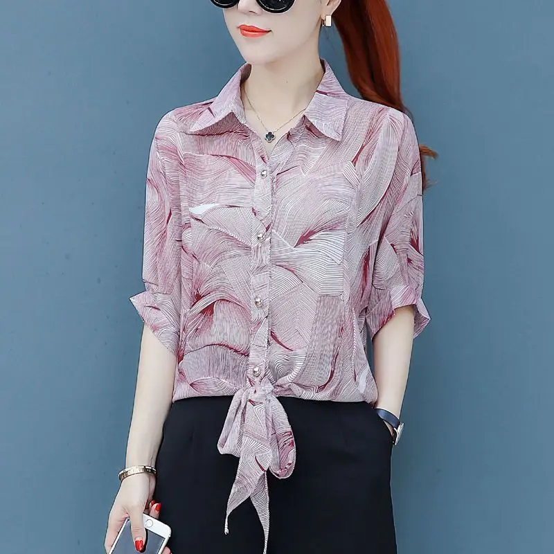 Summer New Polo-Neck Button Printed Casual Lace Up Short Sleeves Elegant Loose Commuter Versatile Chiffon Shirt Women\'s Top