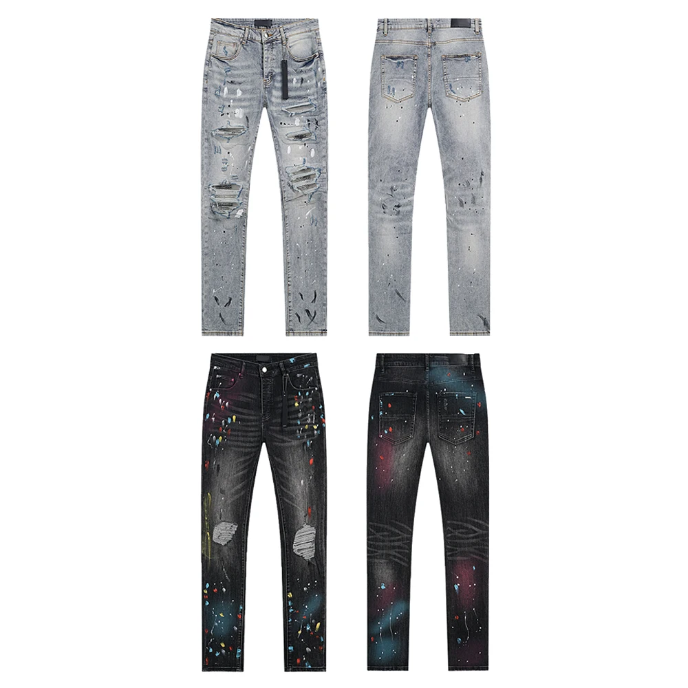 

Streetwear Clothing Slim Fit Jeans with Distressed Print Hiphop Street Style Casual Retro Ripped Skinny Jean Rock Revivals Jeans