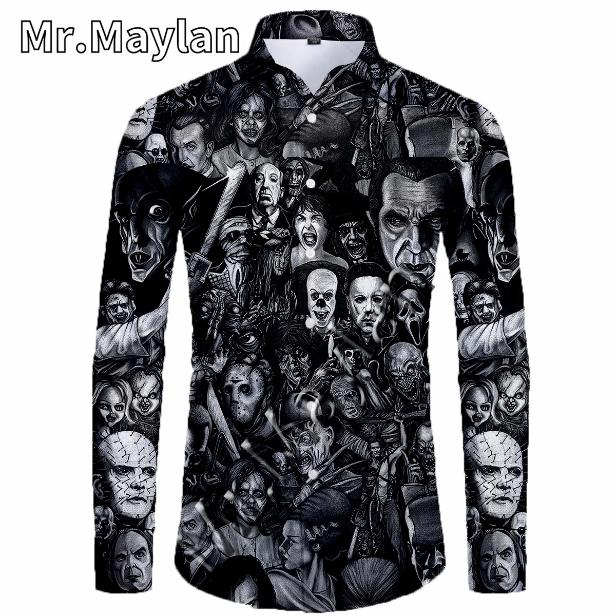 Halloween Skull 3D Beach Hawaiian Shirt 2022 Horror Movie Long Sleeve Streetwear Oversized 5XL Clothes Social Chemise Homme  A43