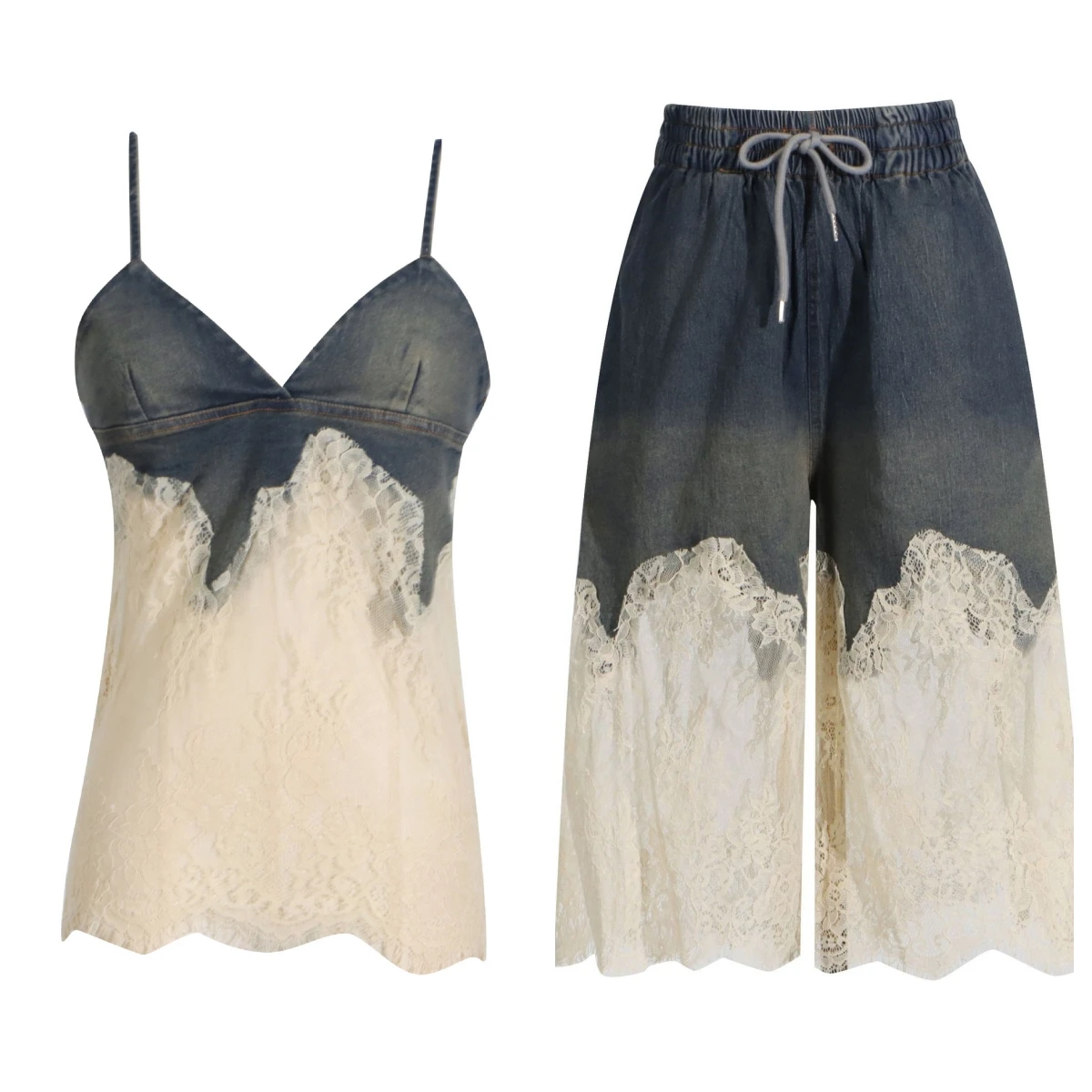 

Matching Lace Women Two Pieces Set Splice Casual Loose Sleeveless Sling High Waist Drawstring Short Pants Summer Y2k Streetwear