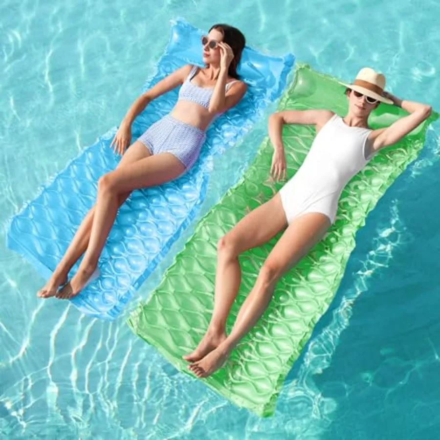 Inflatable Pool Floats Raft For Adults, Vinyl Blue Floating Lounge With Headrest, 64x32 Inch Swimming Mat Pool Mattress, 2 Piec
