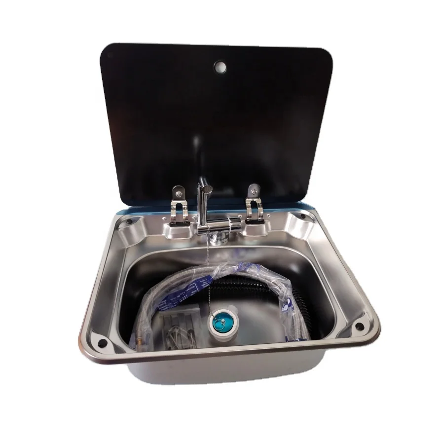 Small RV Kitchen Sink Undermount Single Bowl 304 Stainless Steel with Faucet and Tempered Glass Lid 1mm