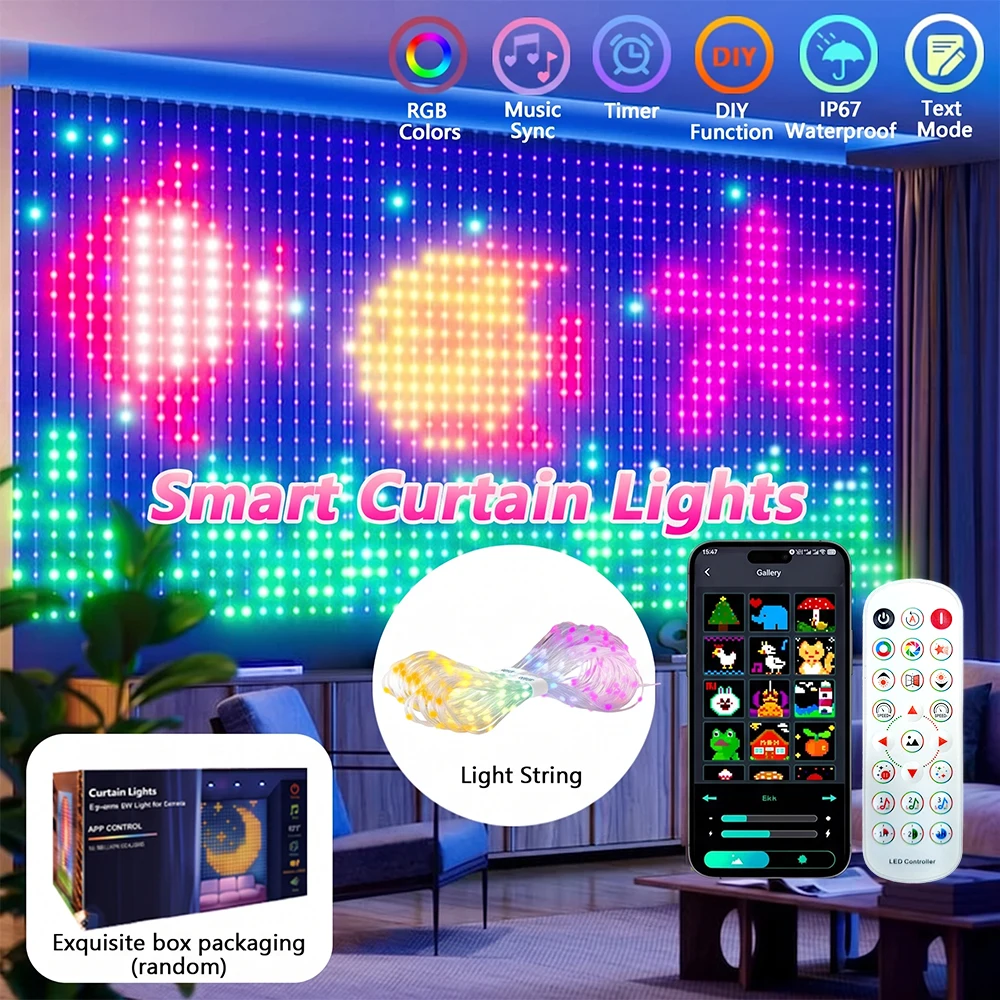 Smart Curtain Lights RGB LED String Lights with APP Control Music Sync Timer IP67 Waterproof for Outdoor Indoor Holiday Decor