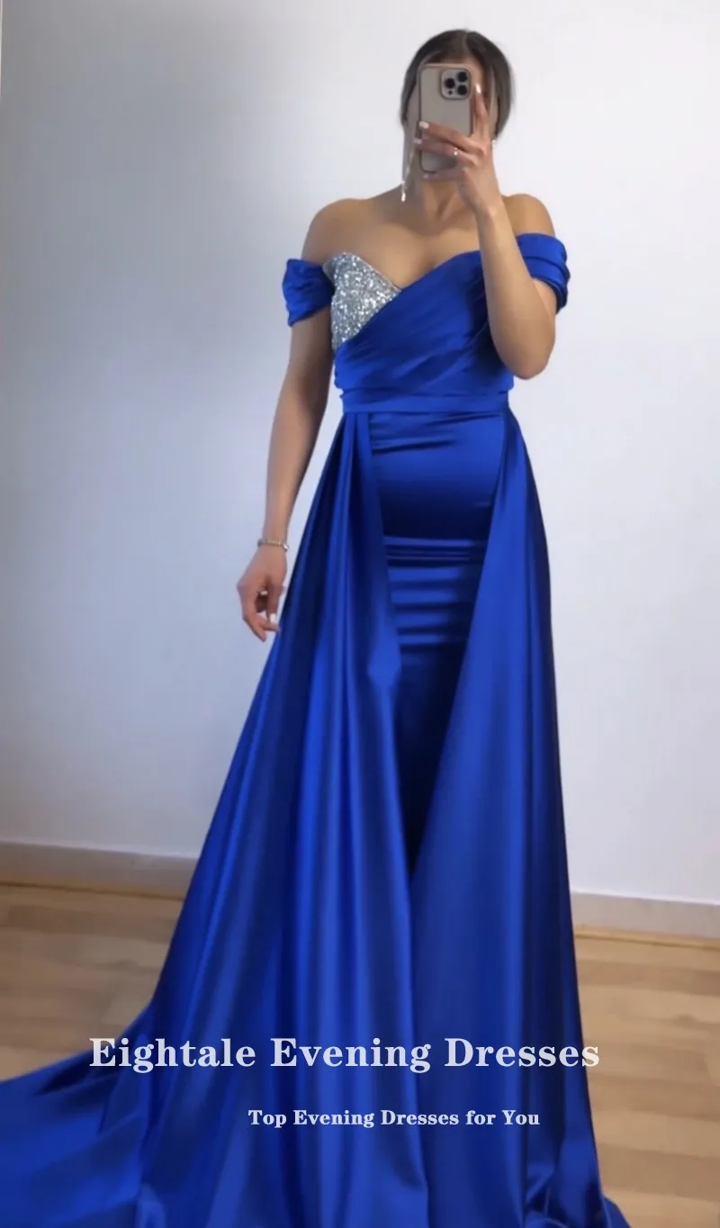 Eightale Arabic Evening Dresses for Wedding Party Off the Shoulder Royal Blue Beaded Cap Sleeves Satin Customized Prom Gown