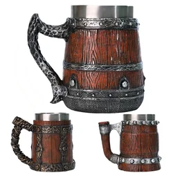 New Viking Imitation Wood Resin Beer Mug Retro Handmade Large-capacity Stainless Steel Liner Wine Glass Beer Jugs Bar Drinkware