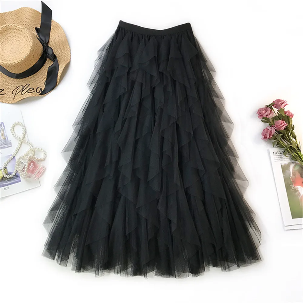 New Fashion Tutu Tulle Skirt Women Long Maxi Skirt Spring Summer Korean Black Pink High Waist Pleated Skirt Female