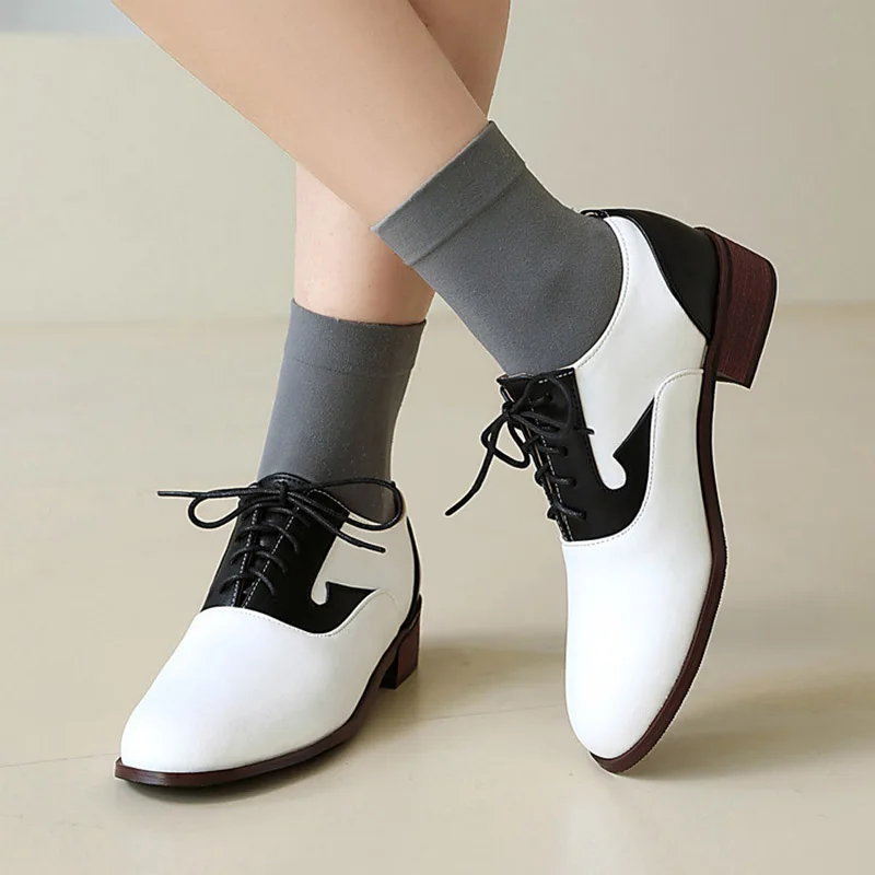 

Женские оксфорды в стиле пэчворк Phoentin, новинка 2024, лоферы на среднем каблуке со шнуровкой и круглым носком, большие размеры 43, туфли-лодочки FT4183