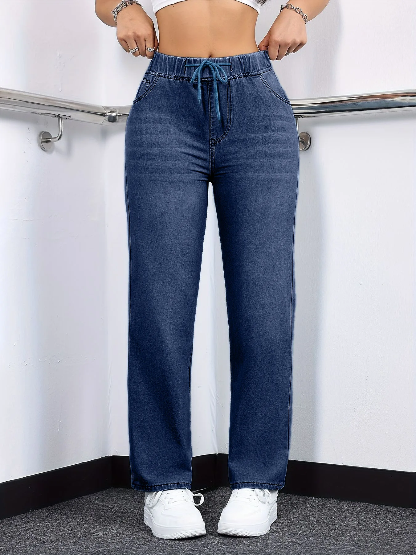 Straight Pants Women Vintage Jeans Distressed High Elastic Waist Lace Up Washed Denims Pockets Female Trousers Streetwear