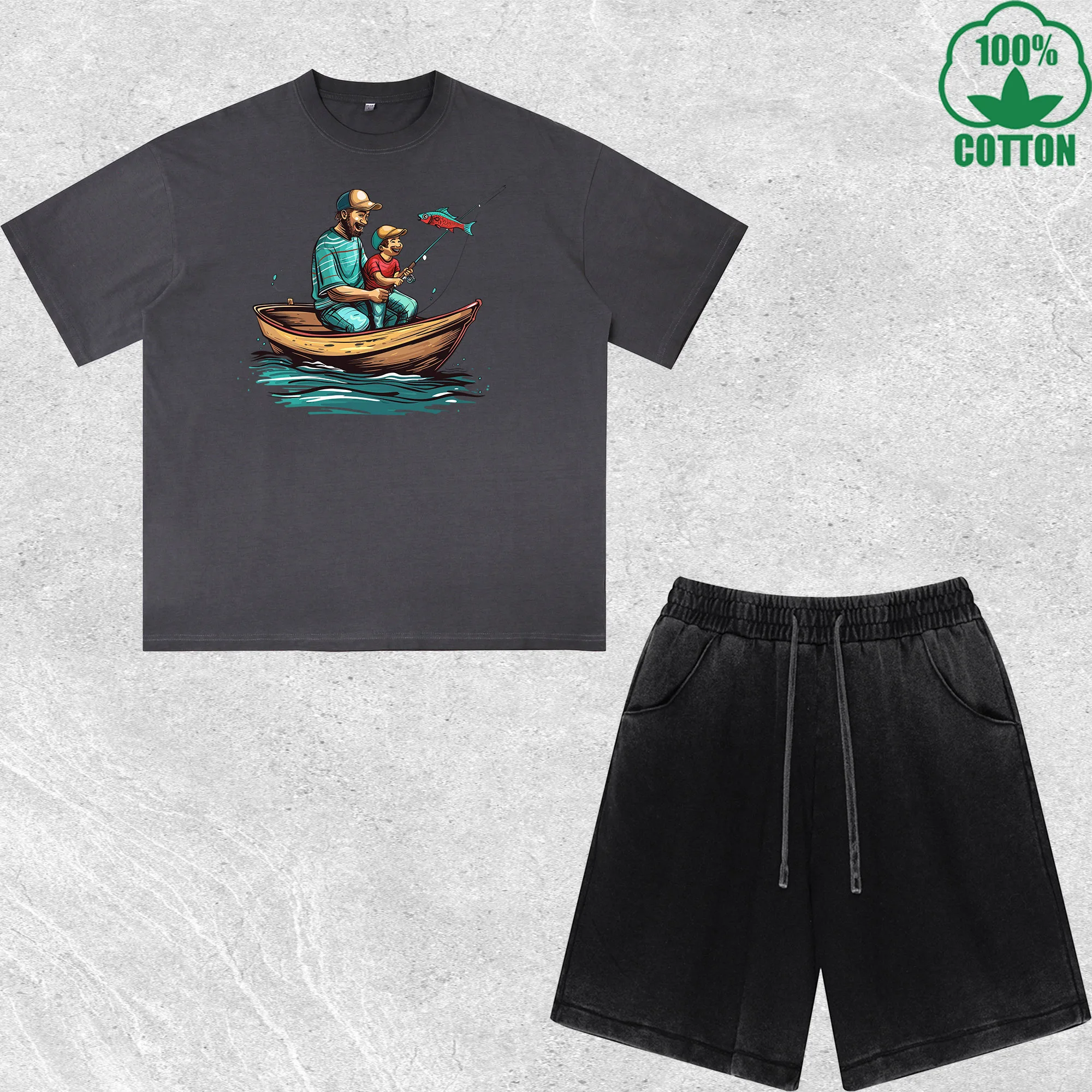 

I Have Two Titlles, Fisherman And Dad Printed Dirty Wash T-Shirt Shorts Set Combo Loose Trendy Fashionable 100%Cotton Black Suit