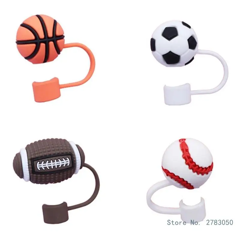 4 buah tutup sedotan tahan debu ujung basket bentuk sepak bola penutup sedotan reuscounted silikon topi untuk 10mm sedotan minum