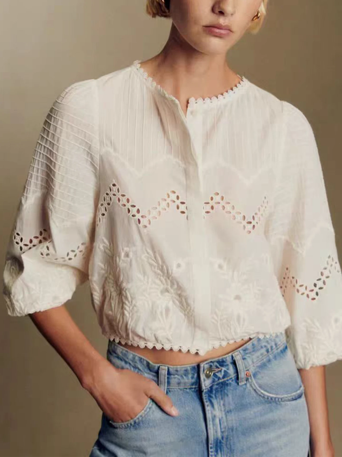 

Ele Pure Cotton Long Sve round Ne Embroidered irt for Women Lace Trim Floral Print Breathable Comfortable Women's ...