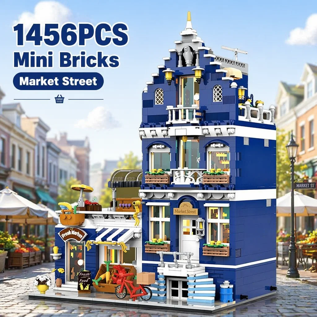 Mini-Bausteine Marktstraßen-Lebensmittelgeschäft Baukasten-Sets Stadtgeschäft Architektur Modulares Montagemodell Bausteine Kreatives Spielzeug Geschenke für Erwachsene 1456 Teile