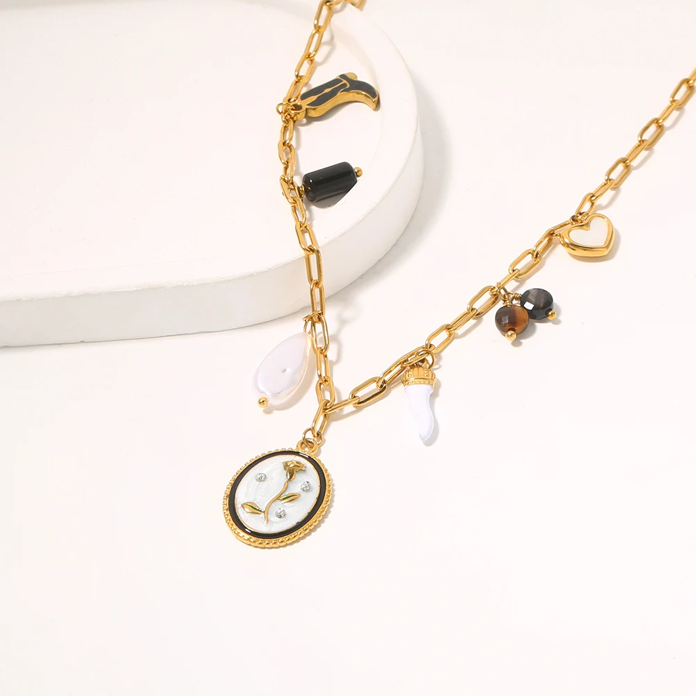SOVOB خمر أبيض وأسود روز تنقش البيضاوي قلادة القلائد للمرأة الأنيقة الخريف اليومية مجوهرات اكسسوارات #5