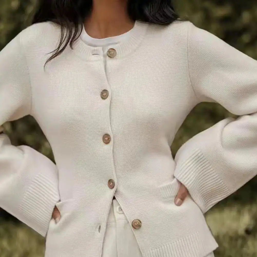 

Single Breasted Knitting Tops Elegant Women's Sweater Coat with Round Neck Pockets Long Sleeve Knitwear in Solid for Fall/winter