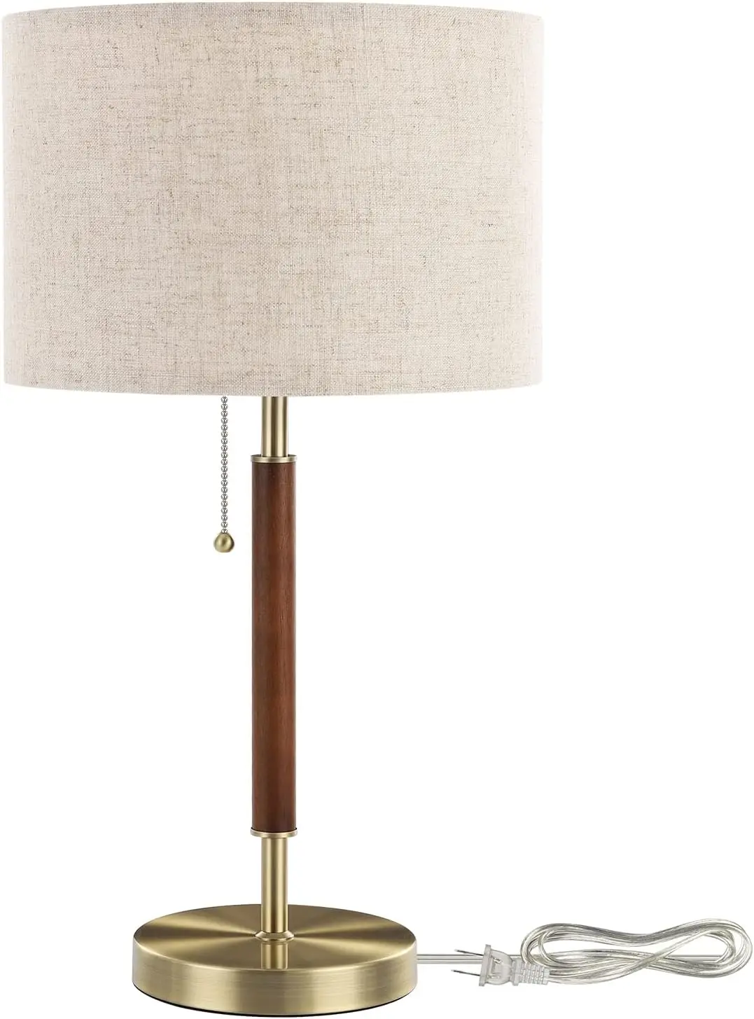 

Mid Century Table Lamp with Pull Chain Switch, Solid Wood & Metal Pole, Modern Nightstand Lamp for Living Room Bedroom Office