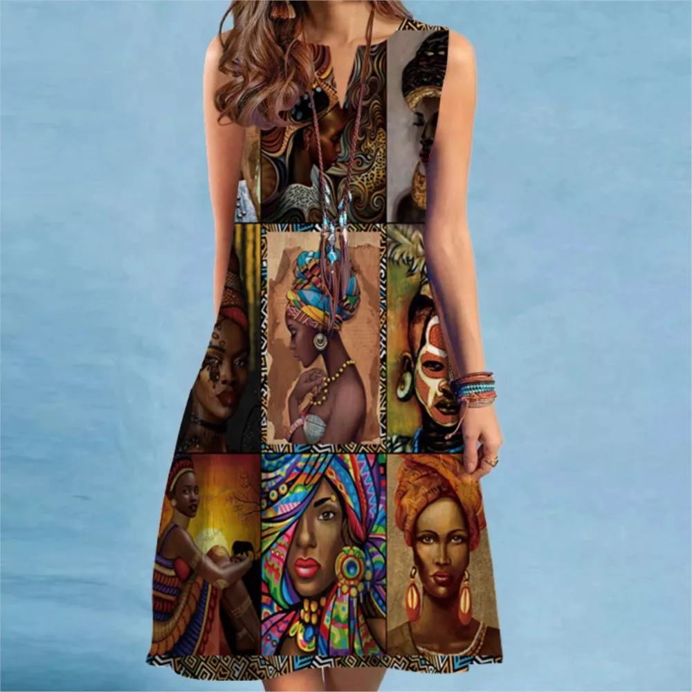 Vintage Printed Sleeveless Pullover A-Line Dress 2023 Summer New Women's Bohemian 3D Printed Dress Vestidos Elegantes Femme Robe