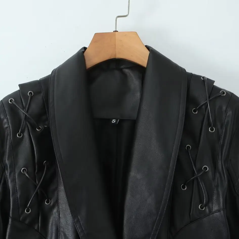 Giacca in Pelle da Donna alla Moda H2395, Versatile con Colletto Reversibile, Cintura, Stile Commuter, Antivento, Lunghezza Corta, Maniche Lunghe