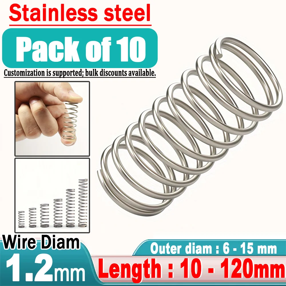 1.2mm 304 Stainless Steel Spiral Compression Spring, OD:6/7/8/9/10/11/12/13/14/15mm, Length: 10mm-120mm