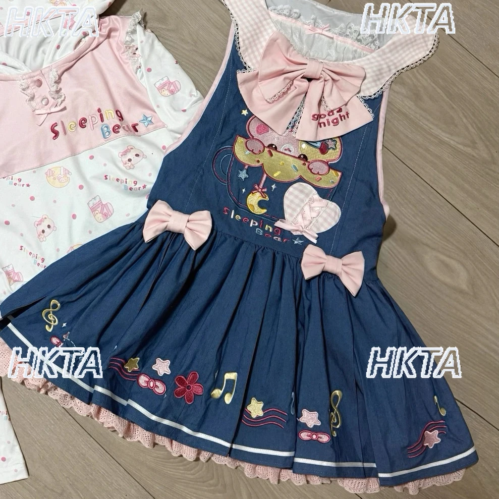 

Kawaii милый мультфильм милый вышитый бант Лолита джинсовое платье на бретелях для девочек милые кружевные топы с капюшоном платье комплекты из двух предметов для женщин