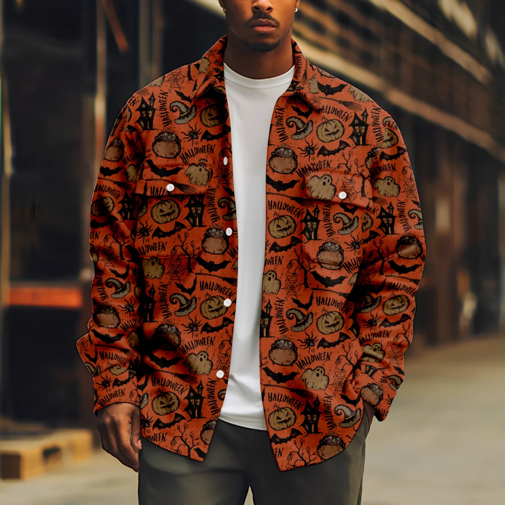 Halloween Jacket for Men Pumpkin and Bat Print Long Sleeve Turn-down Collar Orange Coat Casual Streetwear