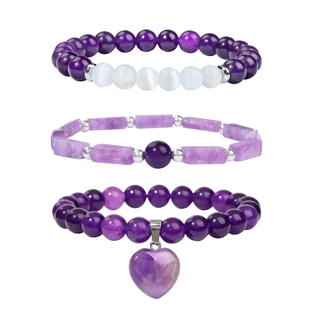 3pcs/set Heart Charm Bracelet Set Amethysts Rose Pink Quartzs Beads Bracelets For Women Men Body-purify Yoga Meditation Jewelry