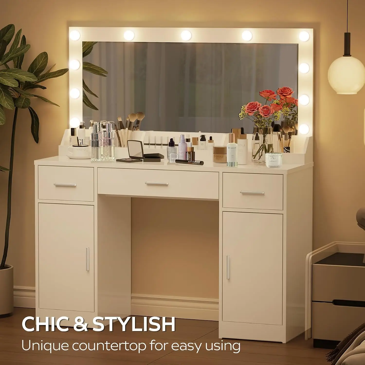 47.5” Vanity Desk with Large Mirror, 3 Colour Lighting Modes, Adjustable Brightness, Dresser with 3 Drawers & 2 Vertical Cabinet