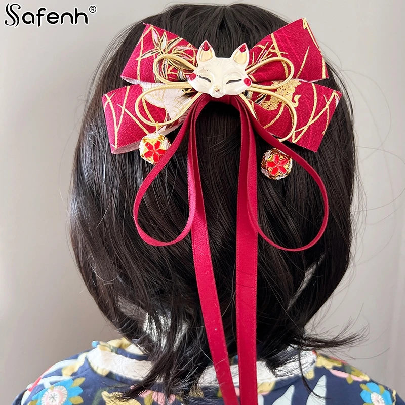 1PCS Exquisite Japanese Fox Bow Tassels Ribbon Hair Clip Headwear Girl Cartoon Hairpin Hanfu Cosplay Clothing Accessories