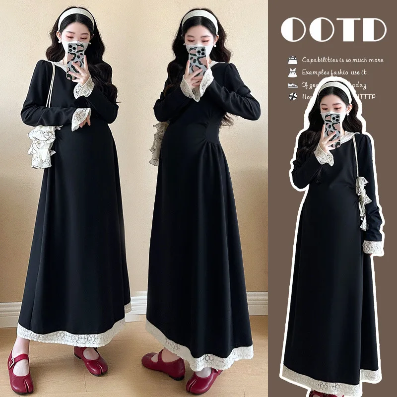 

2025 Lace Detail Pregnancy Dress Autumn Long Sleeve Hooded Maternity Dress Loose Comfortable Casual Flowy Chic Mommy Wear