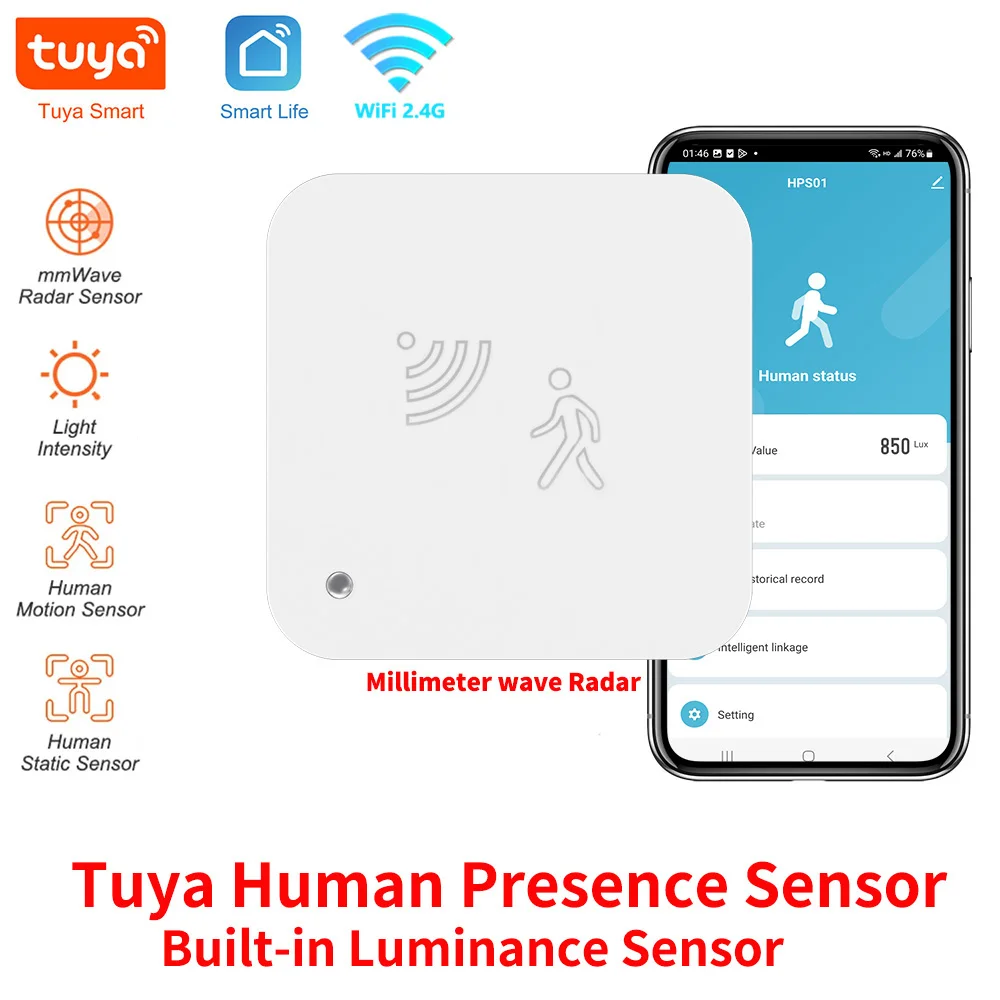 Sensor de Presencia Humana Tuya WiFi con Detector de Radar MmWave y Sensor de Luminancia para Hogar Inteligente, Reemplaza al Sensor PIR