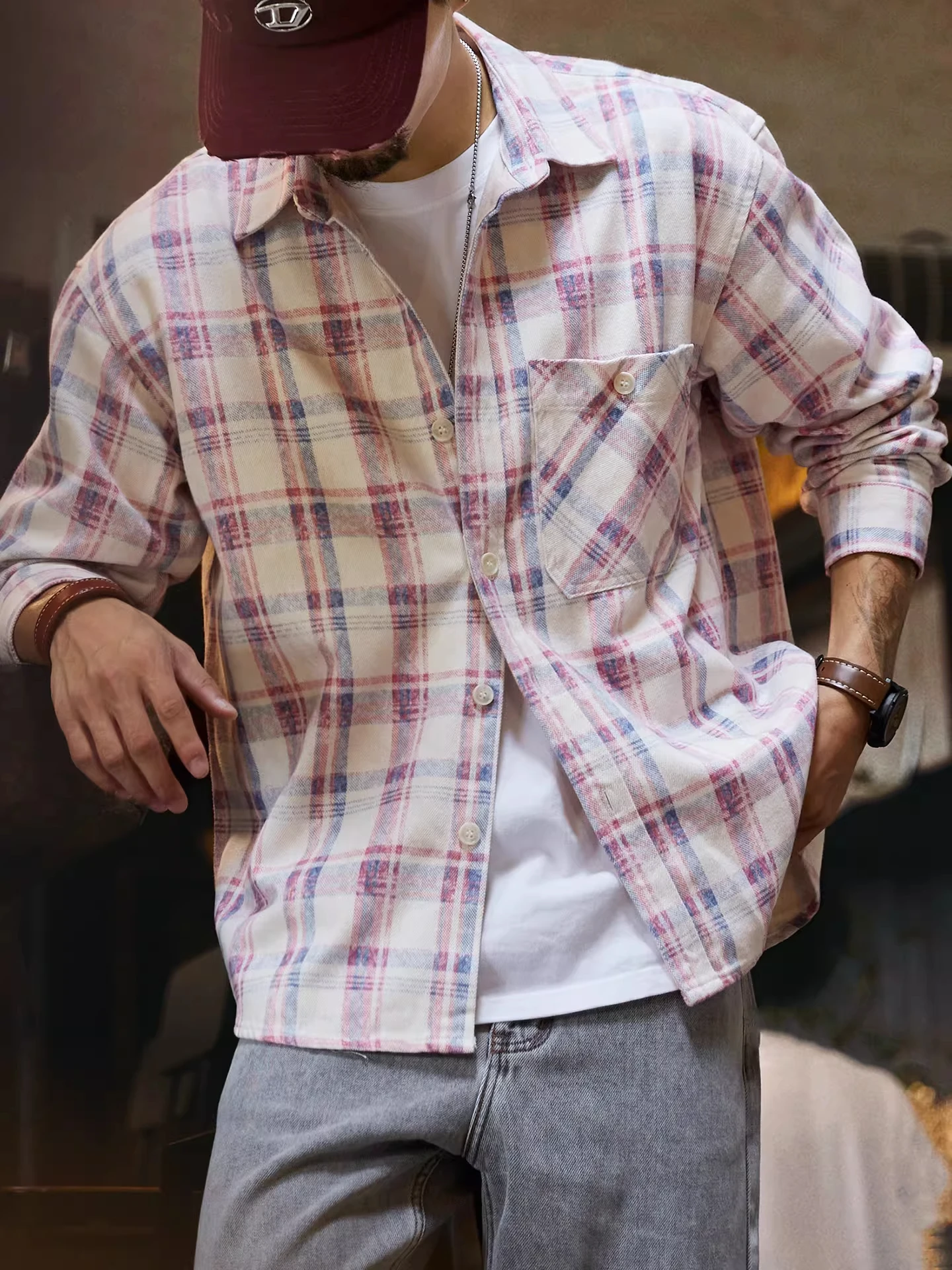 

Мужская рубашка большого размера из лиоцелла с длинным рукавом, весенне-осенняя, светло-розовая, в клетку, в американском стиле, дышащая, свободного кроя