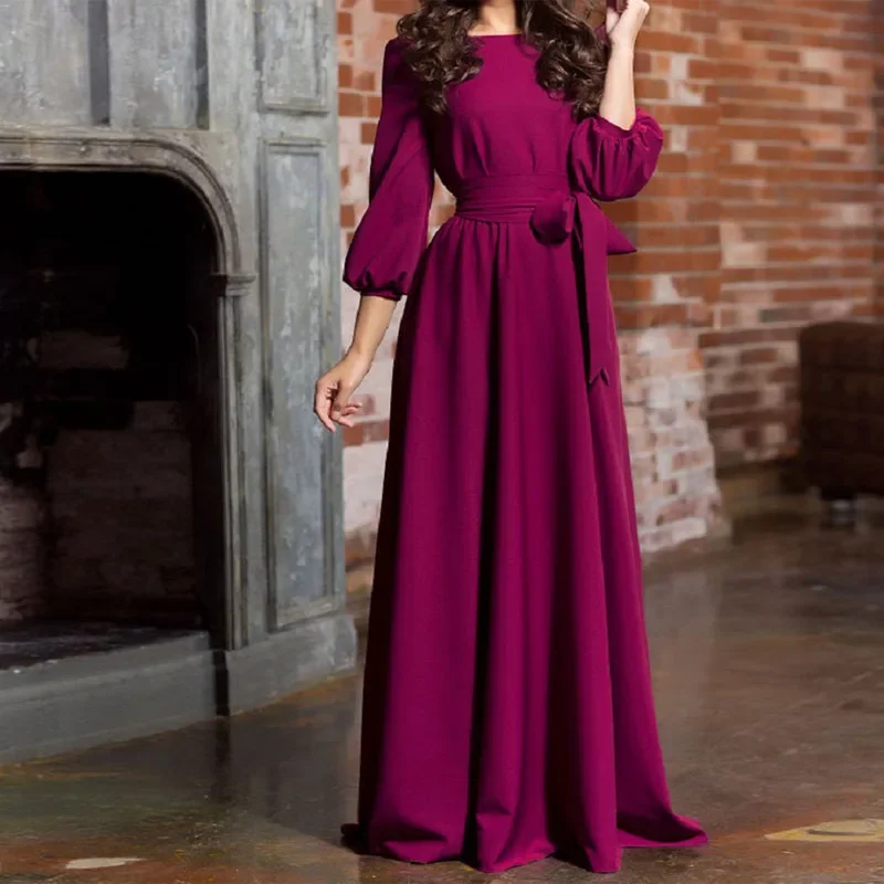 woman 2023 New Round Neck Long Dress Bohemian Retro Lantern Sleeve Casual Dress One-piece Dress