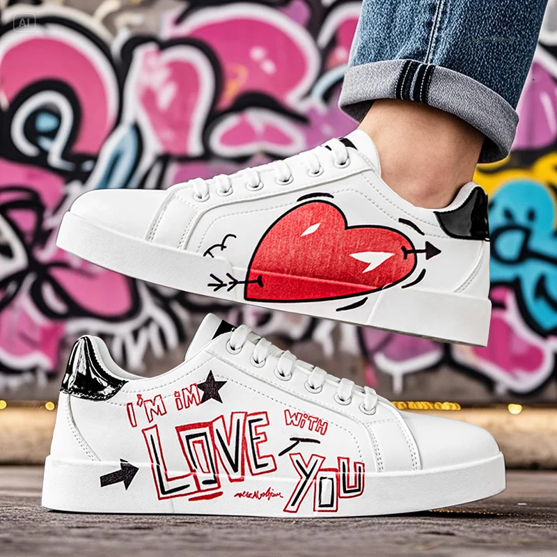 

Fashionable Low Top Hand-painted Graffiti Casual Board Shoes, High-quality Leather Casual Sports Shoes Size 39-44