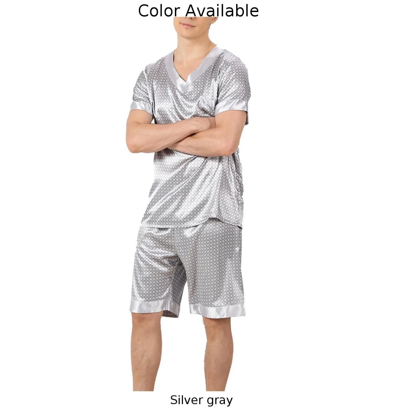 Men\'s Emulation Silk Satin Pajamas Set Geometry  Print Silver Gray V Neck Shorts Sleeve Tops T Shirt +shorts Sleepwear Sets