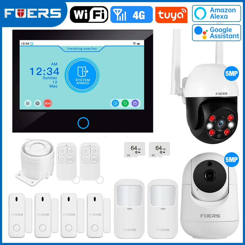 

FUERS 7-дюймовый TFT-экран 4G LTE Tuya Умная домашняя охранная сигнализация GSM Wi-Fi Беспроводная домашняя охранная сигнализация