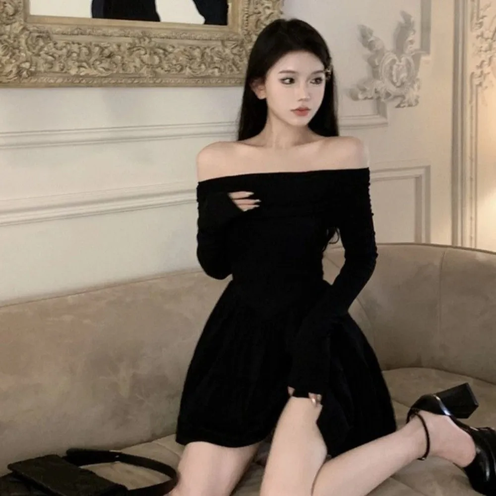 เดรสแขนยาวทรงเข้ารูปกระโปรงสั้นสไตล์เกาหลี คอปกเดี่ยว แฟชั่น Y2K น้ำหนักเบา ทรงเอไลน์ กระโปรงสั้นสำหรับงานปาร์ตี้