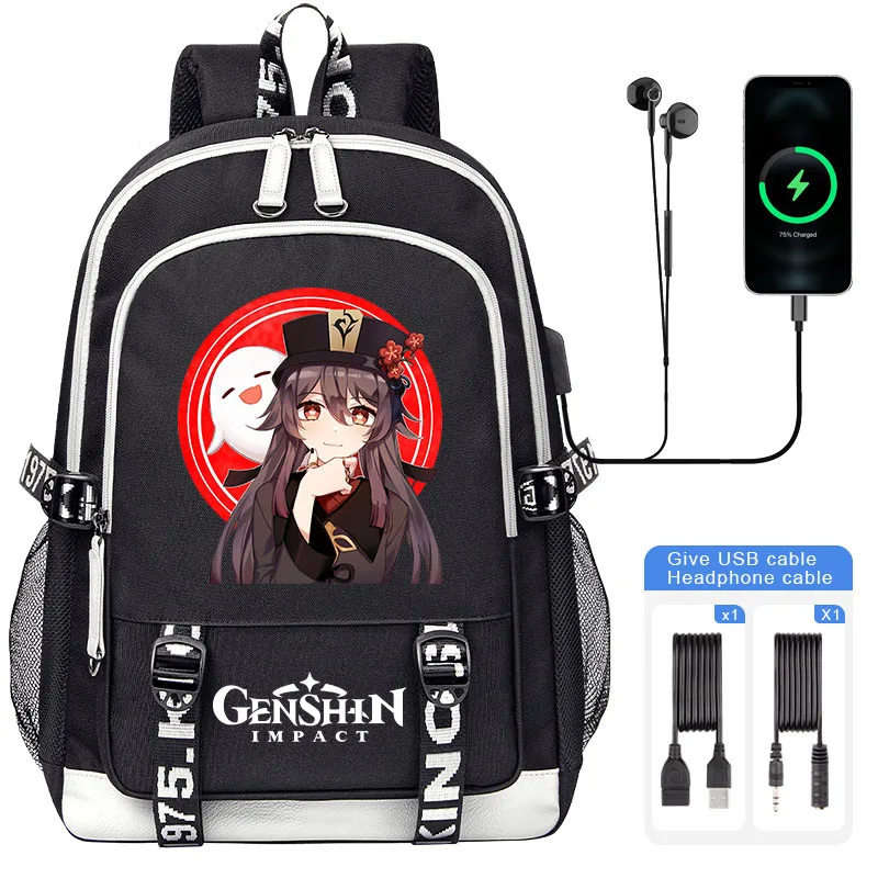Genshin Impact Backpack Cartoon Child Student Schoolbag Boy Girl USB Charge Canvas Backpack Men Women Travel Canvas Backpack