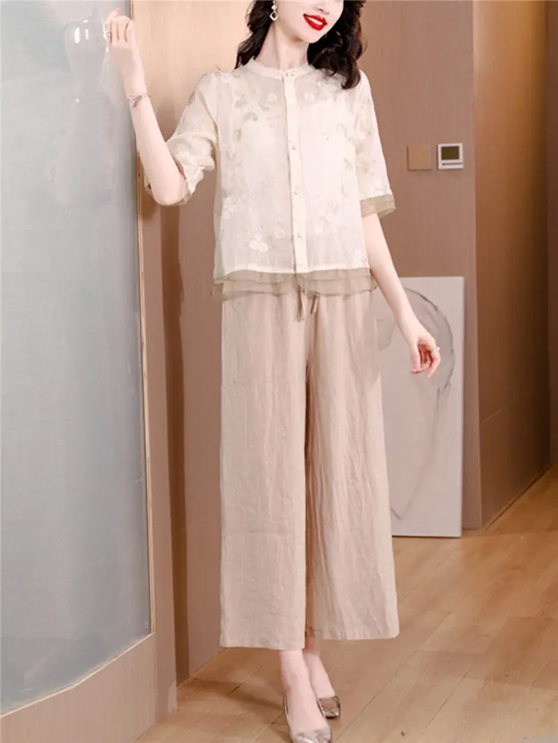 Summer Large Size Ramie Fashion Suitt Spliced Embroidered Shirt High Waist Trousers Wide Leg Pants Cotton Linen 2 Piece Set D004