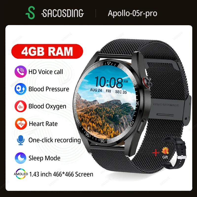 

AMOLED Watch 4G RAM 466*466 Screen SmartWatch Men Always Display The Time Bluetooth Call Local Music Smartwatch For Android ios