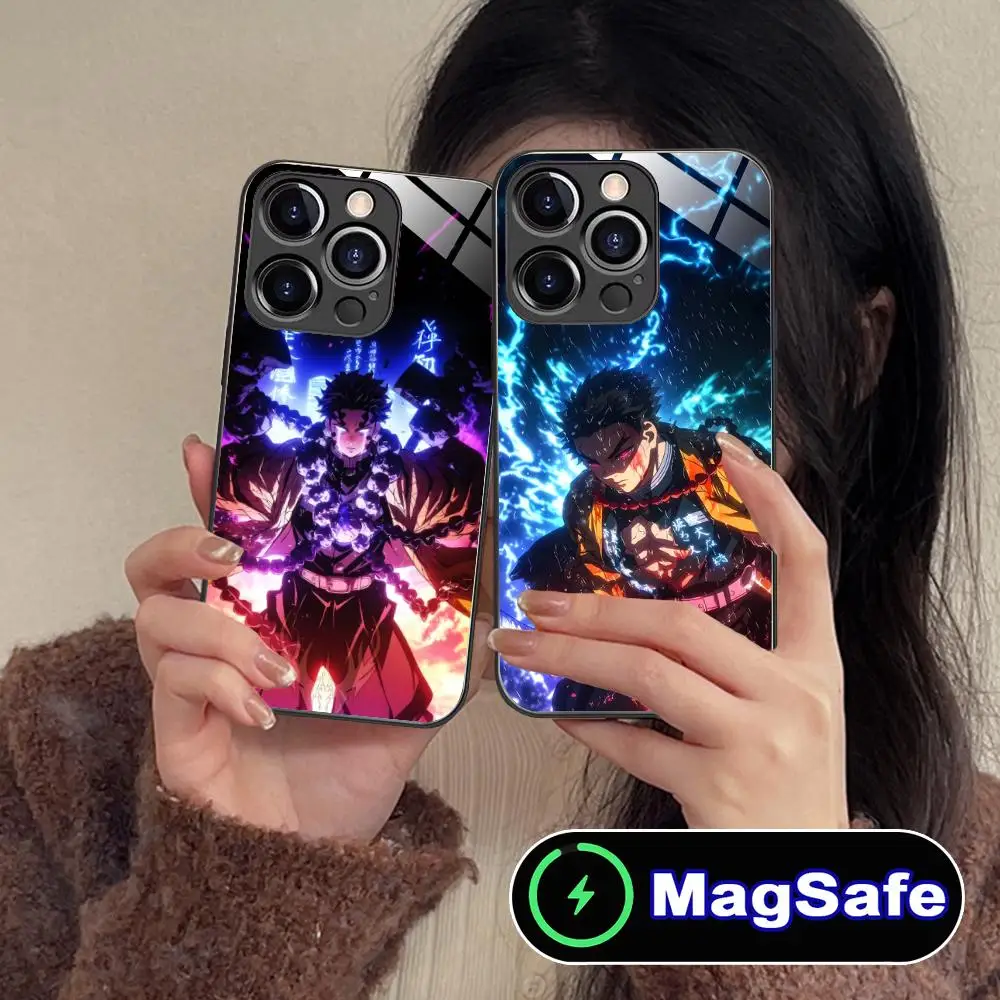 حافظة هاتف Demon Slayer Gyomei لهاتف آيفون 16 15 14 13 12 11 Pro Max Plus Mini MagSafe لون زجاجي غطاء حماية للهاتف الذكي