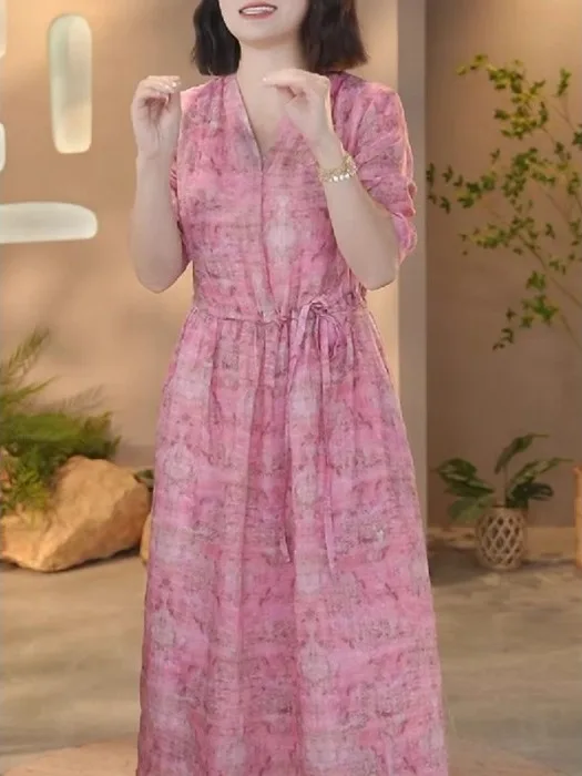 Efecto adelgazante algodón Lino V-Ne Tie cintura suelta talla grande irt Dr coreano Sle cintura ajustable A-Line falda