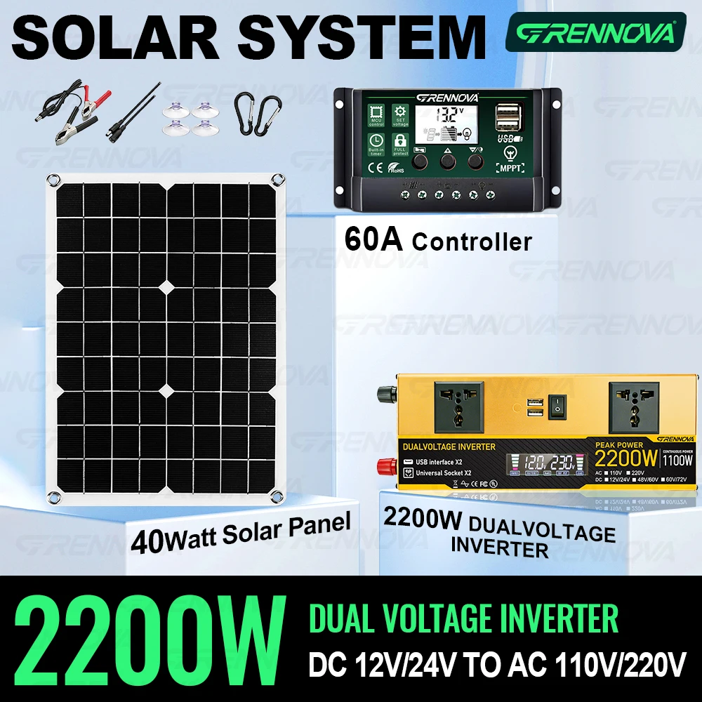 

Complete Photovoltaic System Kit 2200W Peak (1100W Rated) Inverter 12V 24V To 110V 220V 40W Panel 60A MPPT Controller for Camper