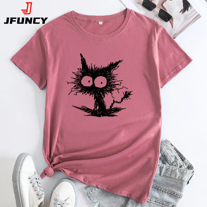 JFUNCY Woman T-shirt New Funny Doodle Cat Graphic T Shirts Oversized Women Tee Female Summer Tops 2024 Women's Tshirt Clothing