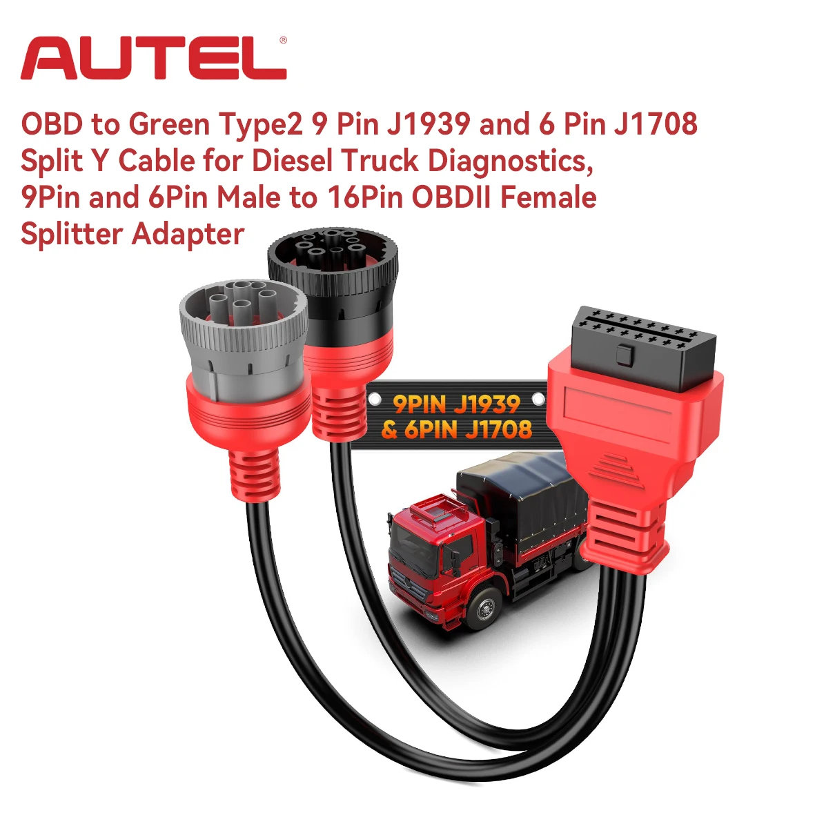 

Autel OBD to Green Type2 9 Pin J1939 6 Pin J1708 Split Y Cable, Diesel Truck 9Pin / 6Pin Male to 16Pin Female Splitter Adapter