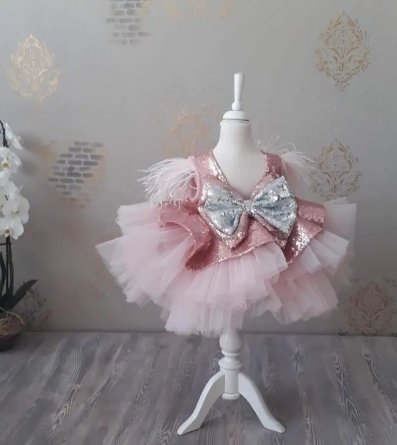 Cute Baby Girl First Birthday Dresses Tutu Top Sequined Ball Gown Flower Girl Dress Infant Christmas Gown Kid Size 12M 18M 24M