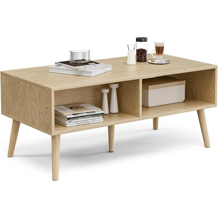 Coffee Table with Storage Boho Dining Table with Rattan Drawer and Solid Wood Legs Small Coffee Tables for Living Room Oak